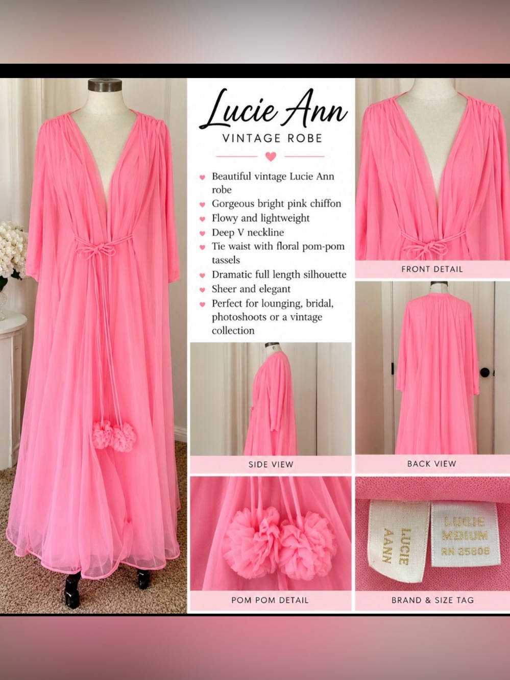 Vintage  Lucie Ann Bright Pink Chiffon Robe rare